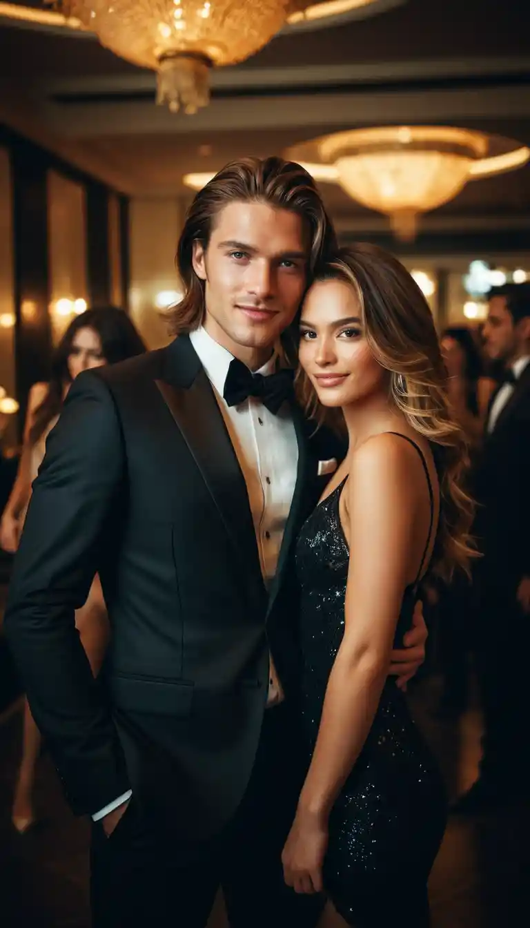 Cinematic selfie of a stylish man at a luxury party