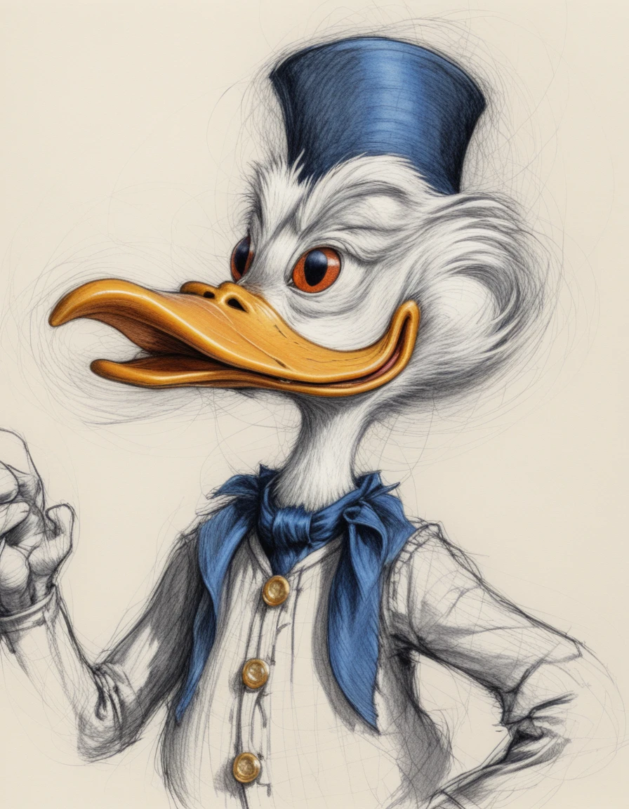 Pato antropomórfico melancólico em retrato a tinta e aquarela