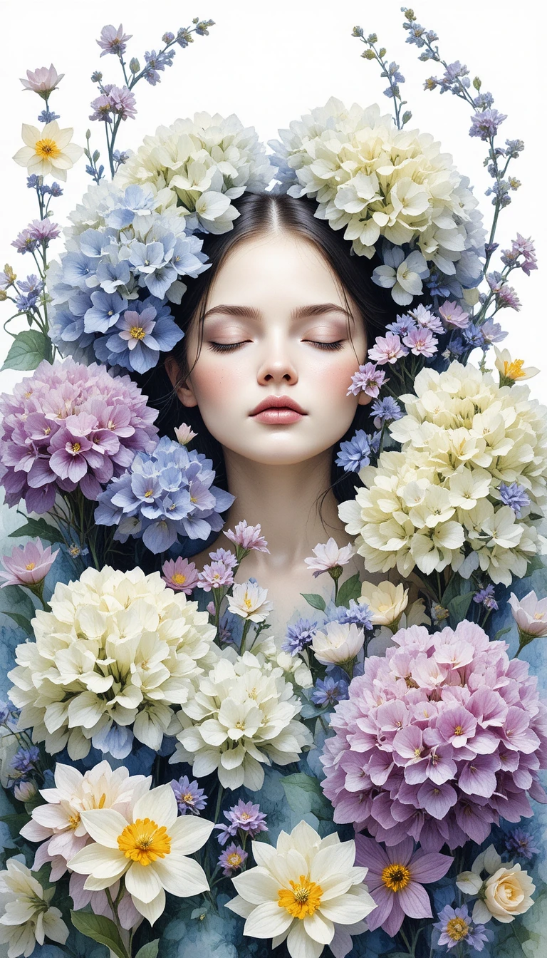 満開の花々に包まれた女性のシュールな水彩ポートレート