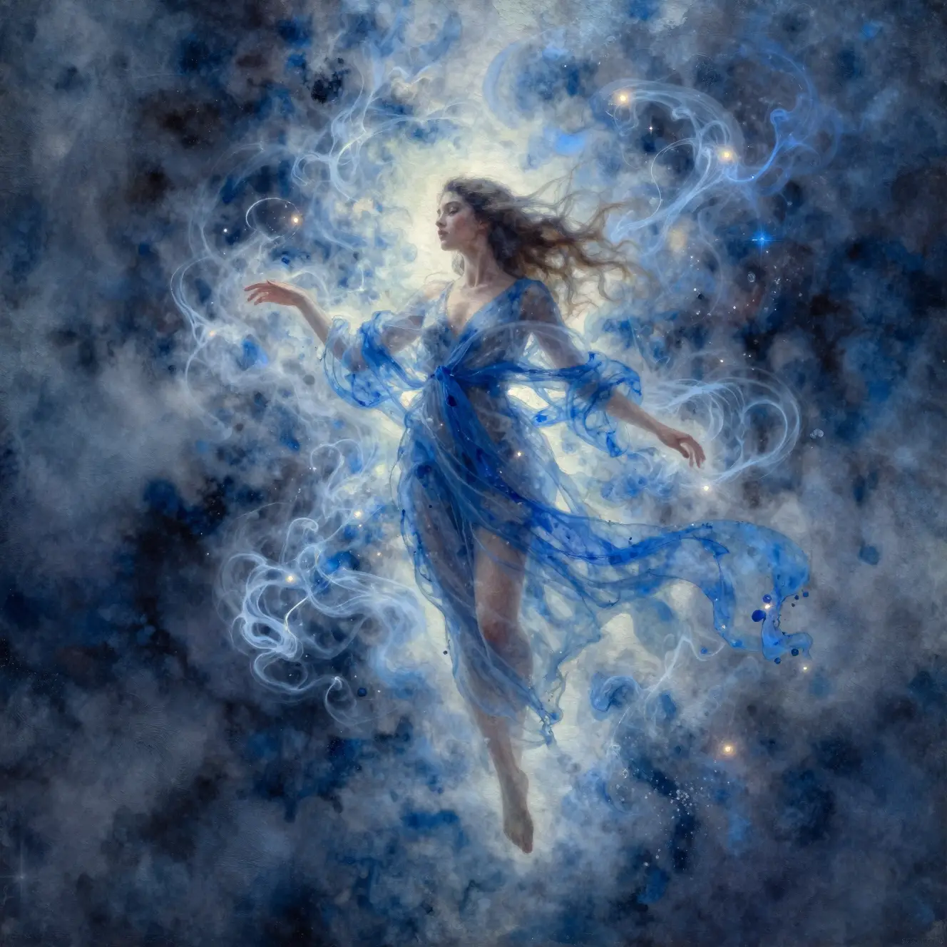 Donna mistica fluttua in vortici di fumo etereo blu
