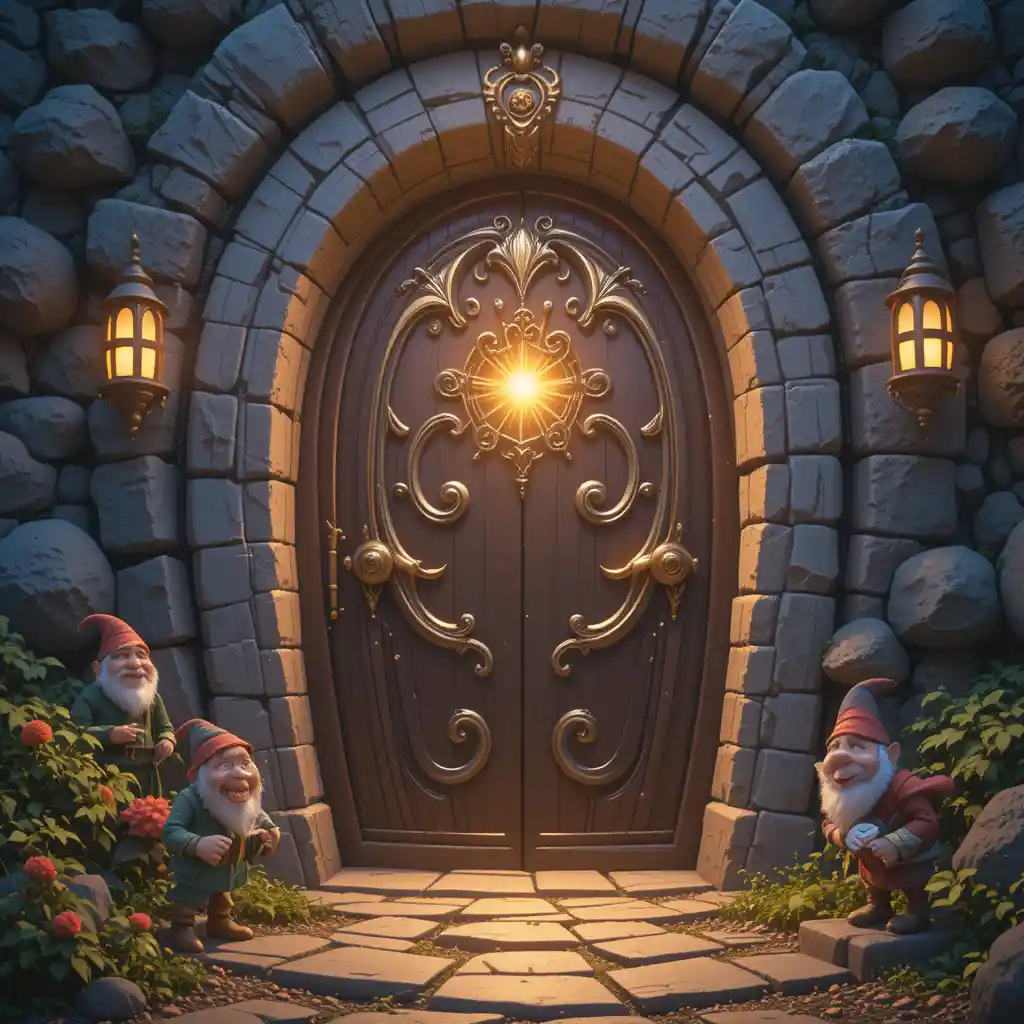 Porta magica con rune che brilla di luce dorata e gnomi felici