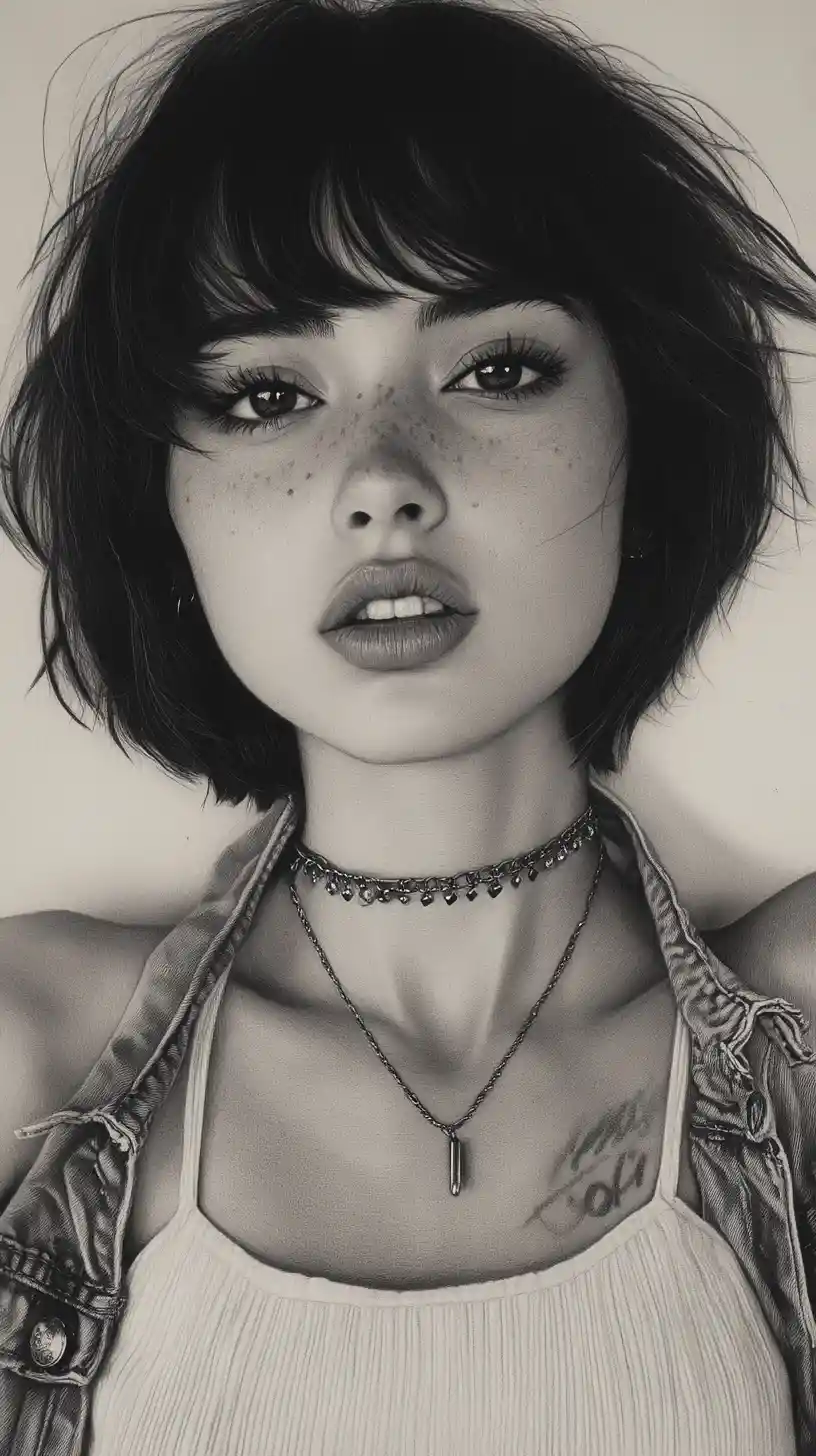 Sensual graphite portrait of stylish woman in denim jacket