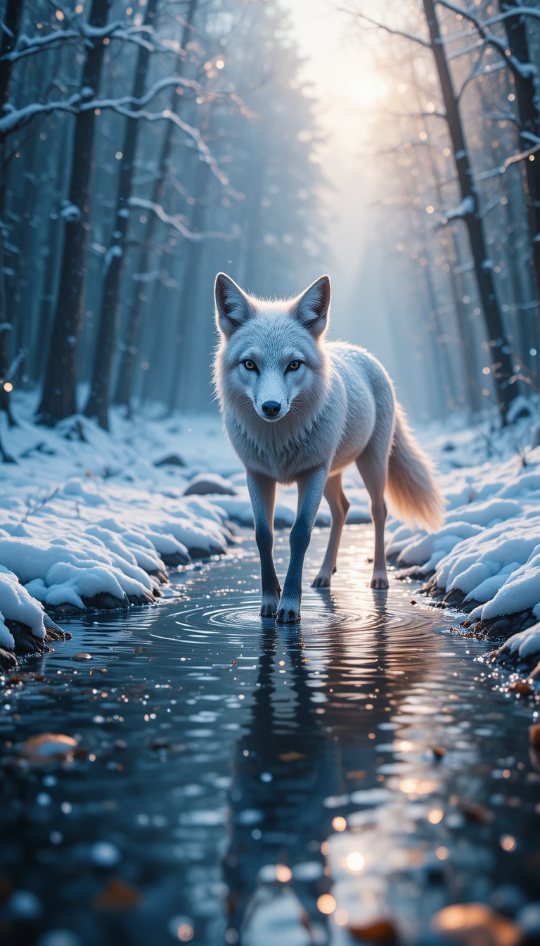 Silvery deer by a snowy forest river in soft light