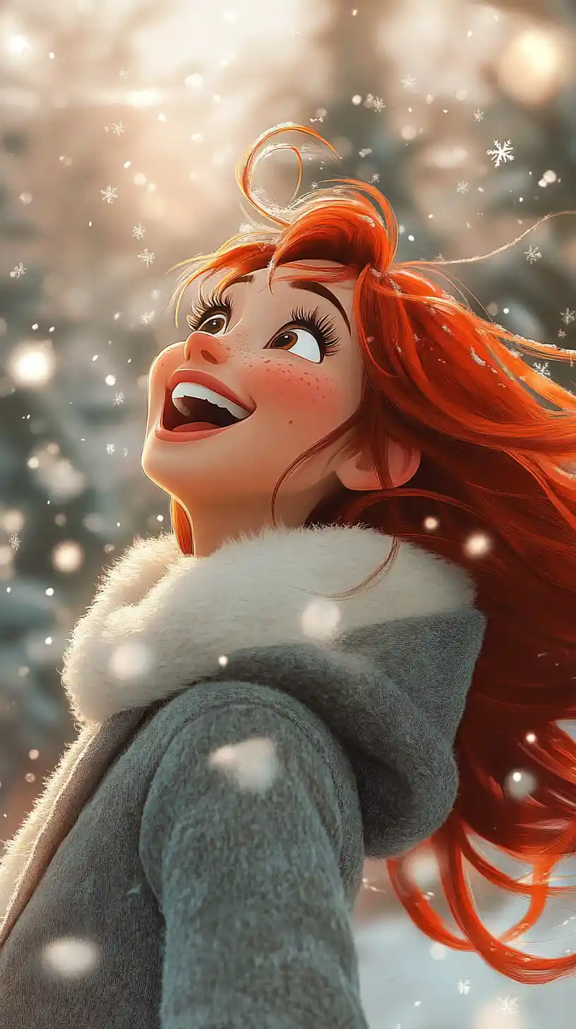 Laughing red haired girl in snow wearing a cozy coat