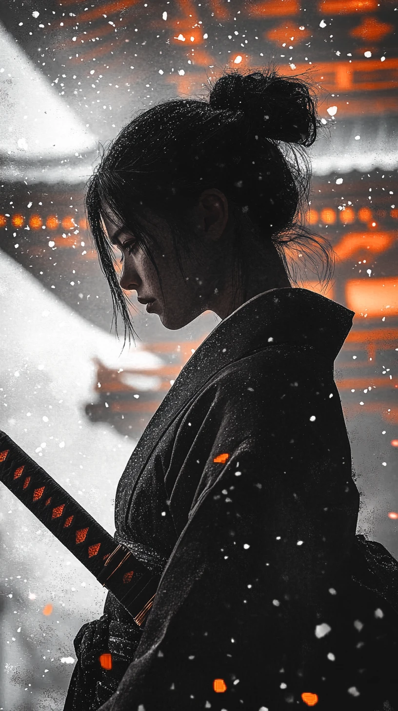 Stoische Samurai-Kriegerin bewacht einen schneebedeckten japanischen Tempel