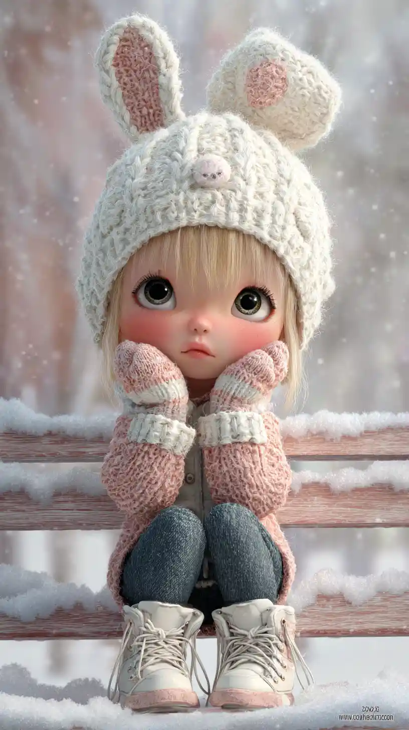 Cute anime child in rabbit hat on snowy park bench