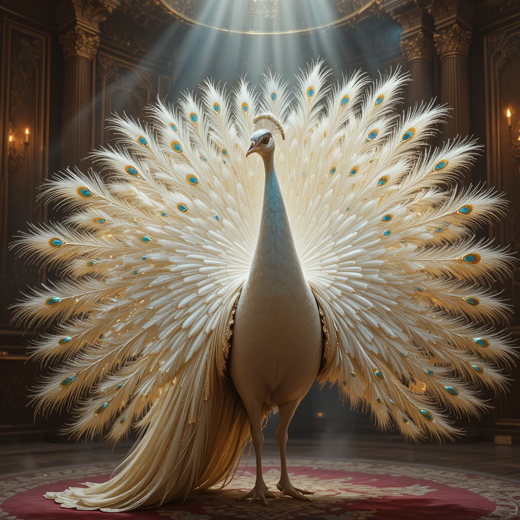 華麗巴洛克舞會大廳中的白孔雀與老紳士