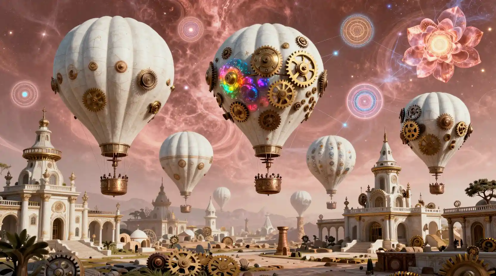 Dirigeables steampunk blancs au-dessus des ruines d’une ancienne cité fantastique