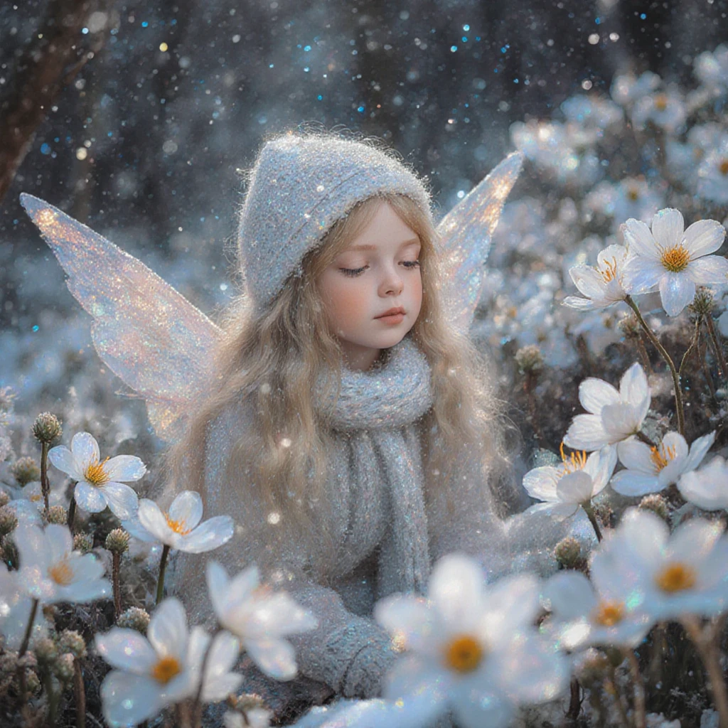Winter flower fairy sitting among deep white blossoms