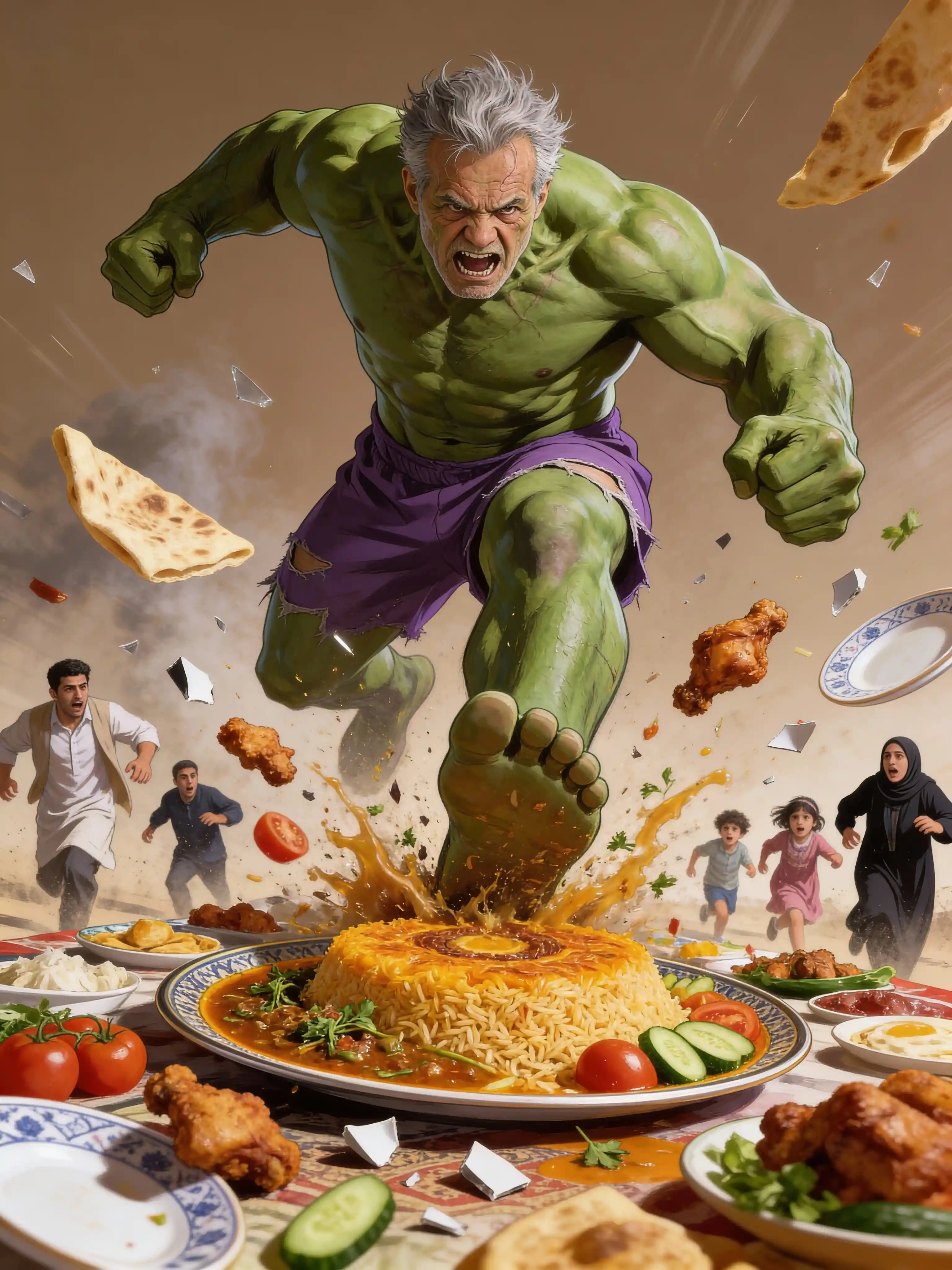 Giant green man stomping an Iranian family picnic