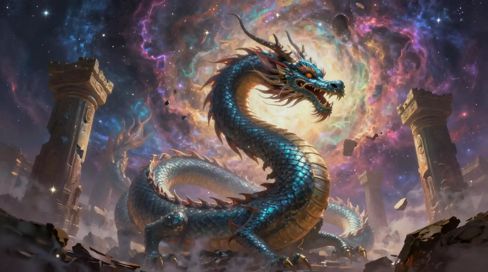 Dragón celestial que rodea antiguos pilares en un cielo cósmico