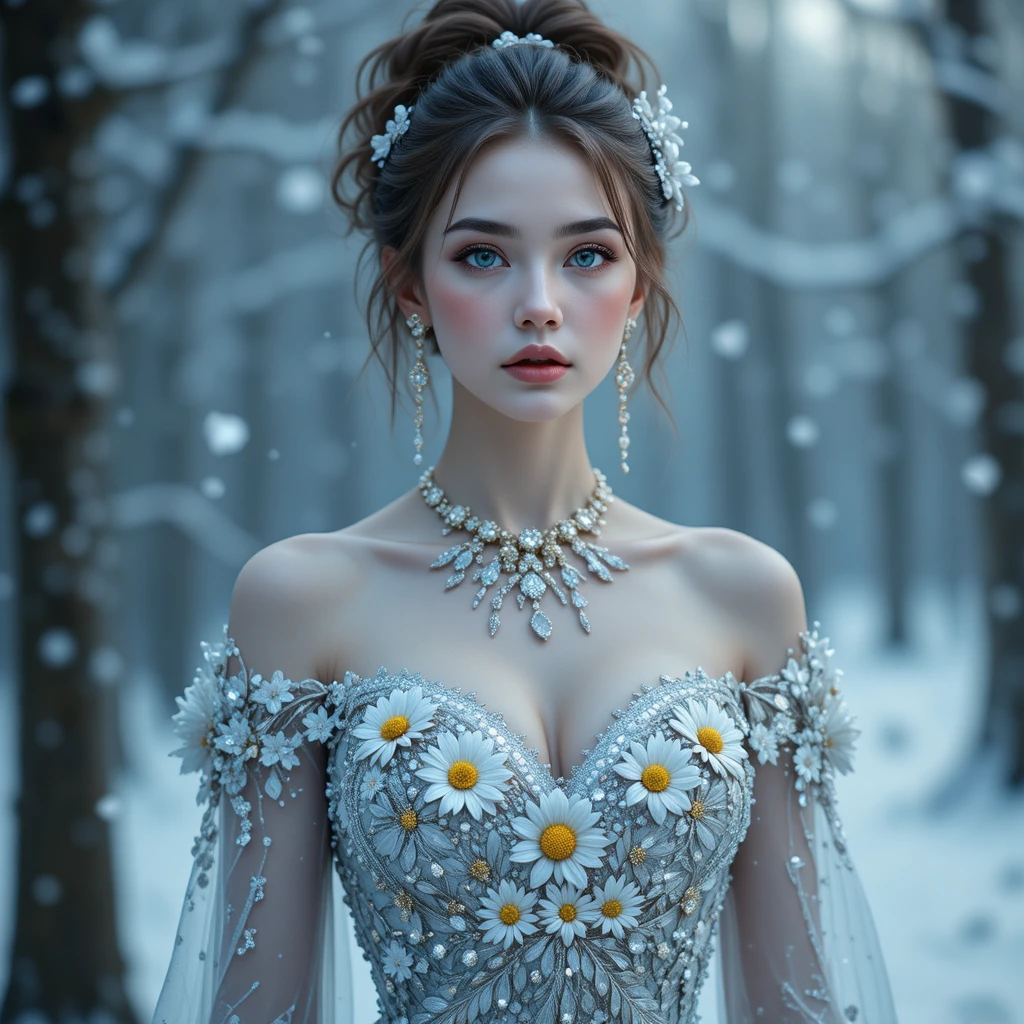 Ethereal winter queen portrait in a frosted floral forest