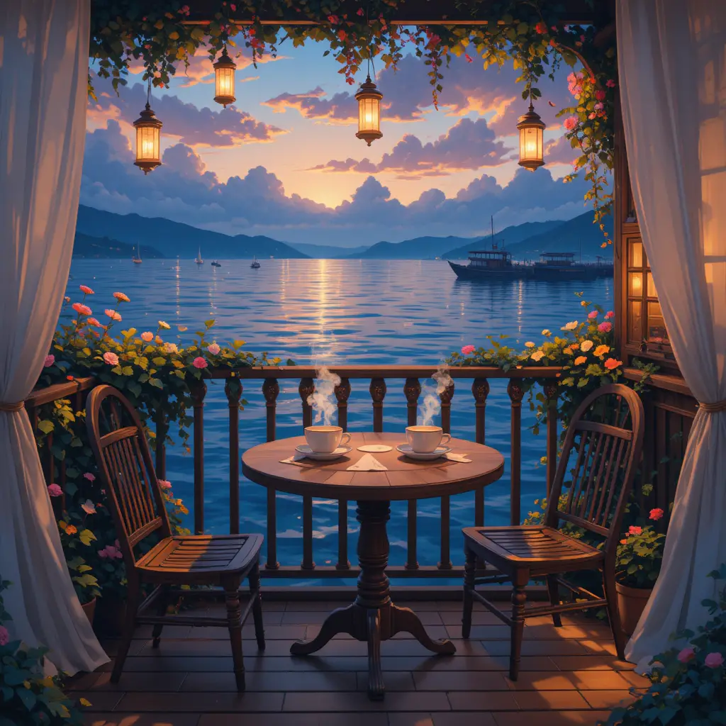 夜色暖光中的舒適海邊咖啡陽台