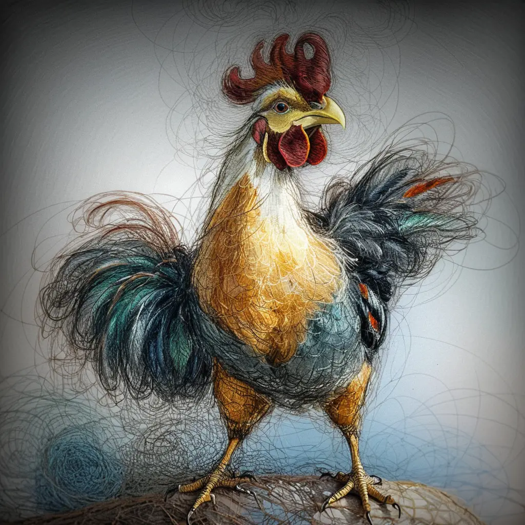 Melancholic anthropomorphic rooster walking in ink illustration