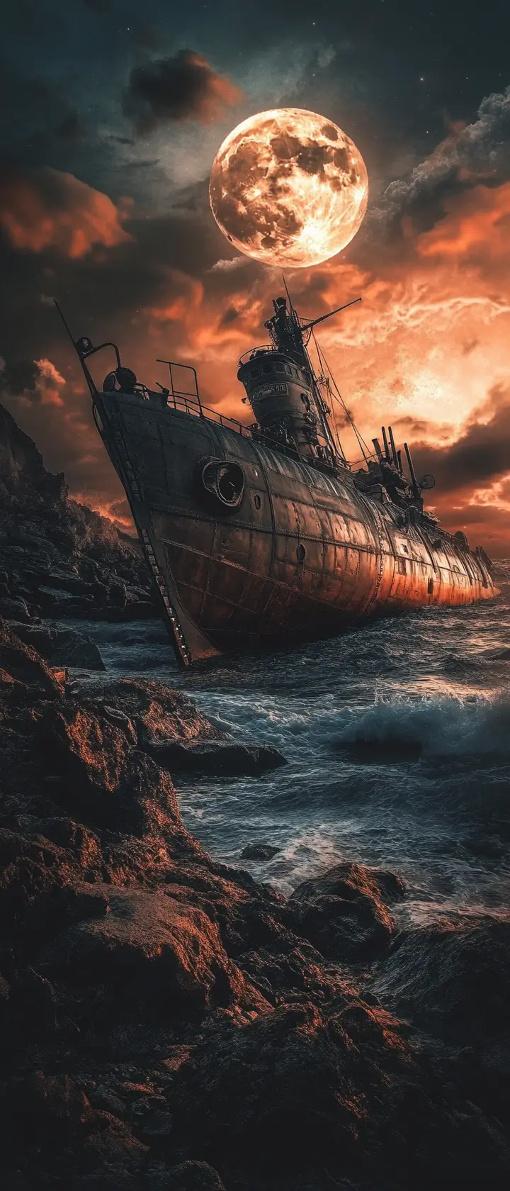 Steampunk Submarine Stranded On A Moonlit Rocky Shore