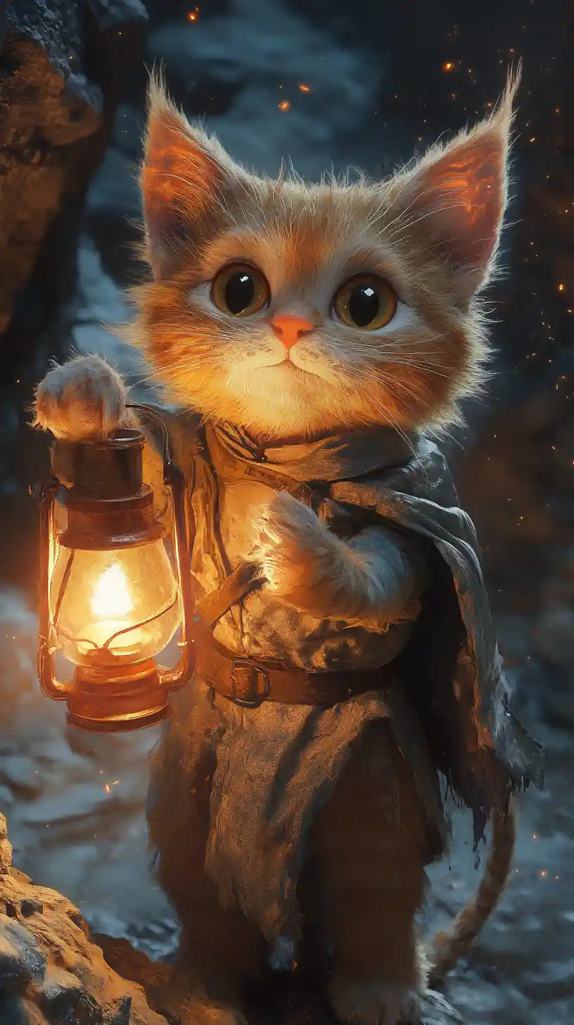 Small feline child with lantern in ancient stone cellar