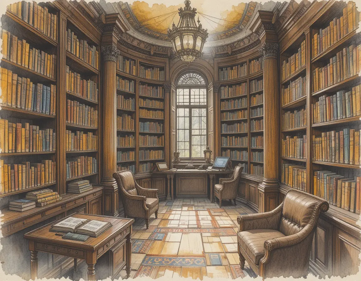 Vintage library shelves filled with leather bound books