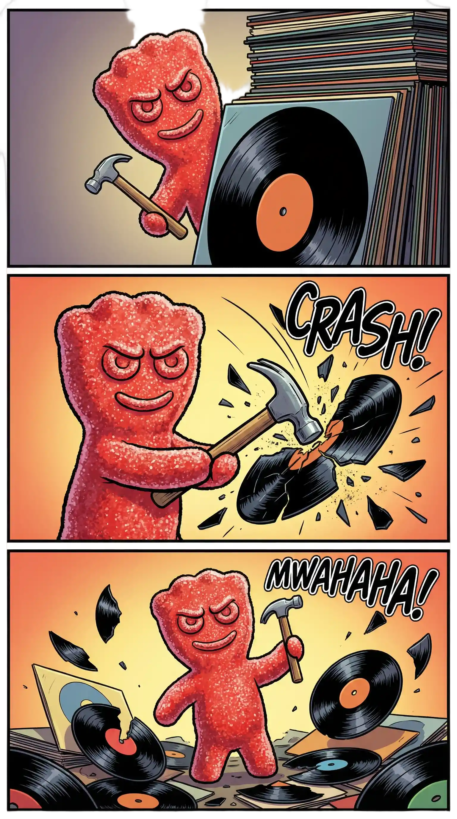Mischievous candy character wrecking vinyl records in comic strip