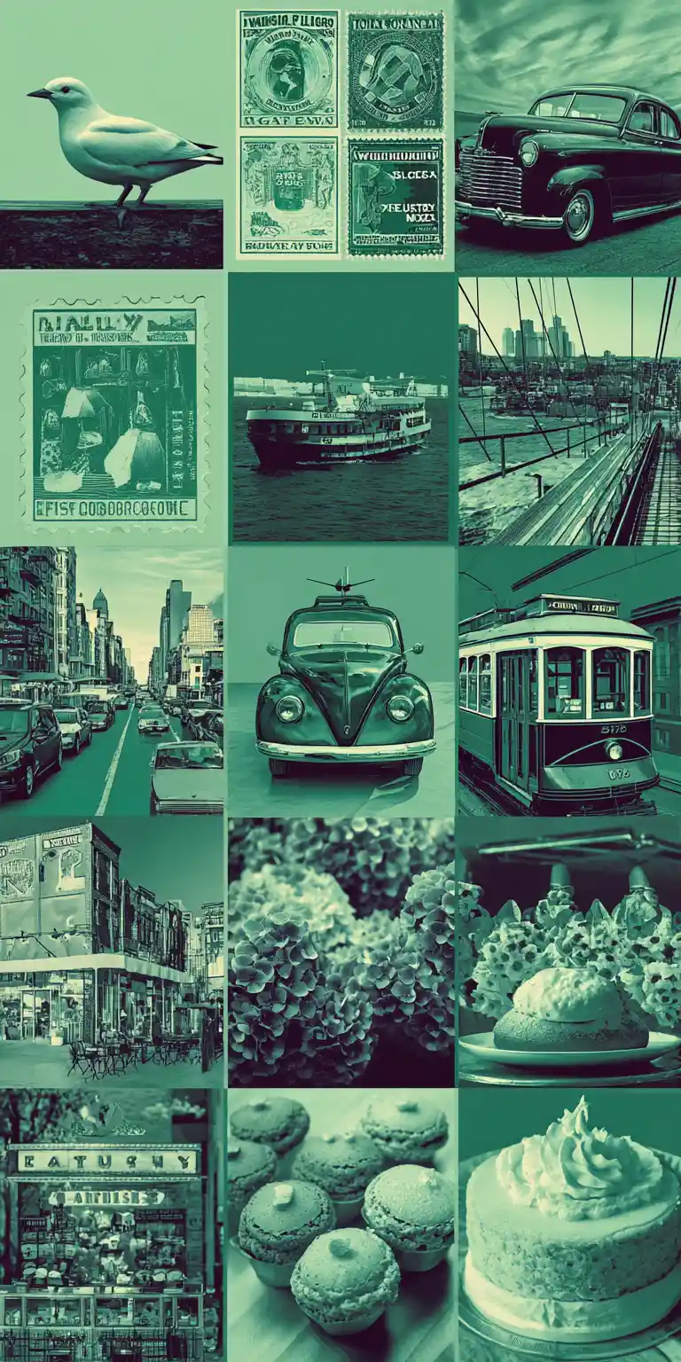 Colagem em estêncil de cenas urbanas em tons de verde menta