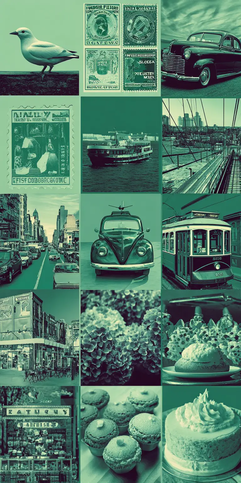 Stencil collage of urban scenes in mint green tones