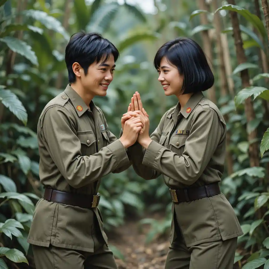 Playful sparring between vietnamese soldiers in jungle setting