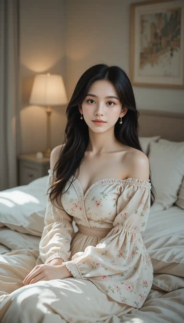 Young woman resting on a soft bed in gentle light