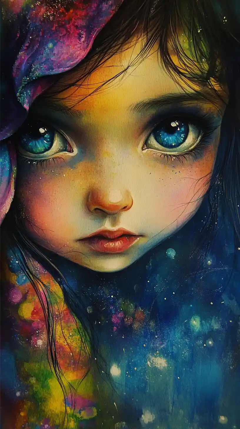 Retrato de filhote com olhos em gradiente brilhantes e pontos de luz cintilantes