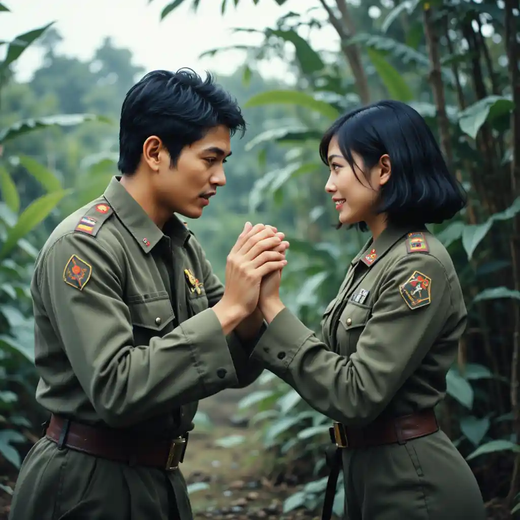 Playful sparring between northern and southern Vietnamese soldiers