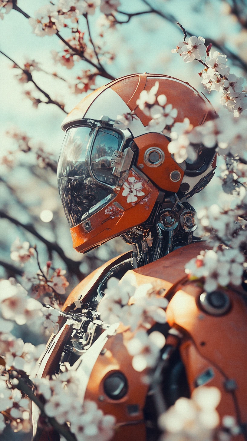 Android futuriste se reposant parmi de douces fleurs de cerisier