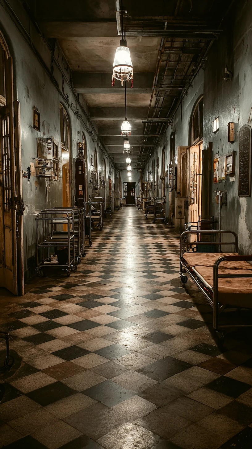 Surreal decrepit hospital corridor with trolleys and beds