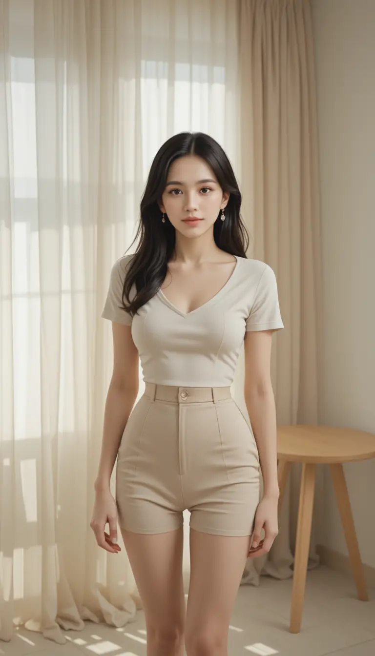 Young woman in minimalist outfit in bright serene room