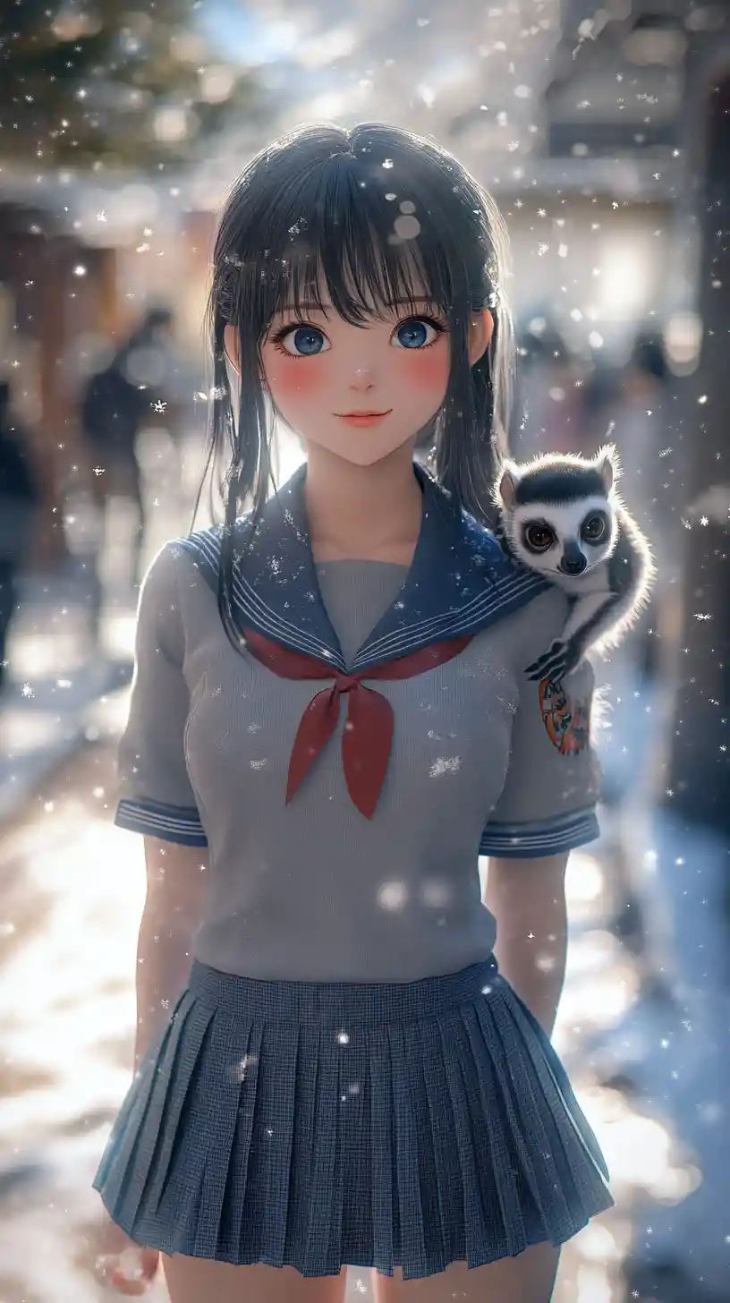 Lächelndes tätowiertes Schulmädchen in einem warmen Anime-Klassenzimmer