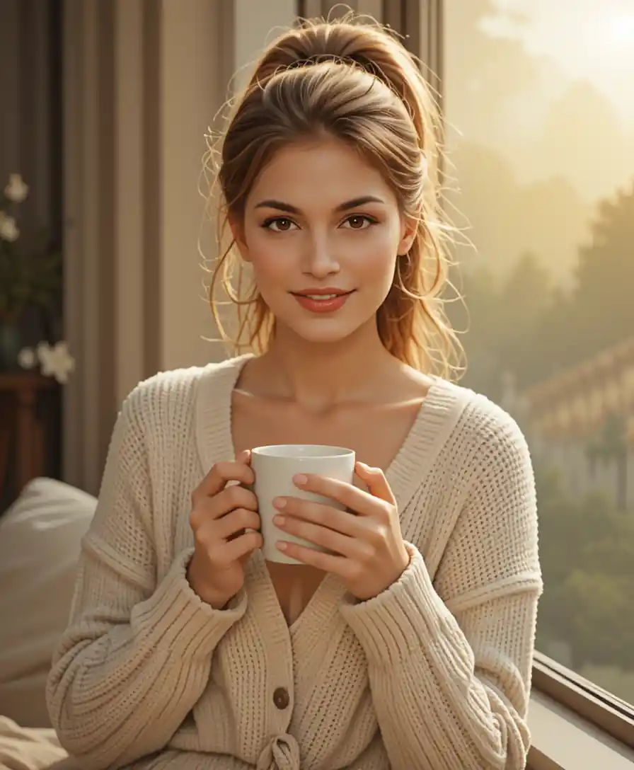 Woman with coffee by sunlit window in cozy morning