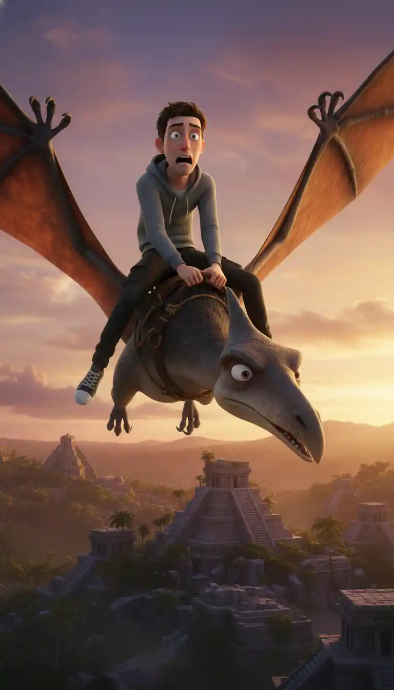 Hombre montando un pterodáctilo sobre ruinas de templos al atardecer