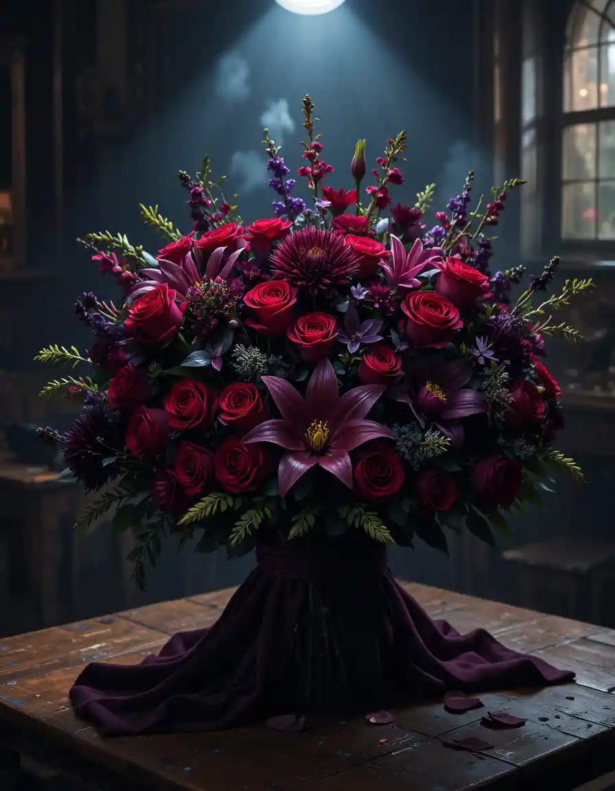 Ramo de flores dramático bajo un foco sobre mesa de madera antigua