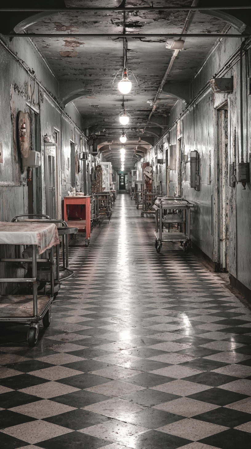 Surreal abandoned hospital corridor with eerie surgical trolleys