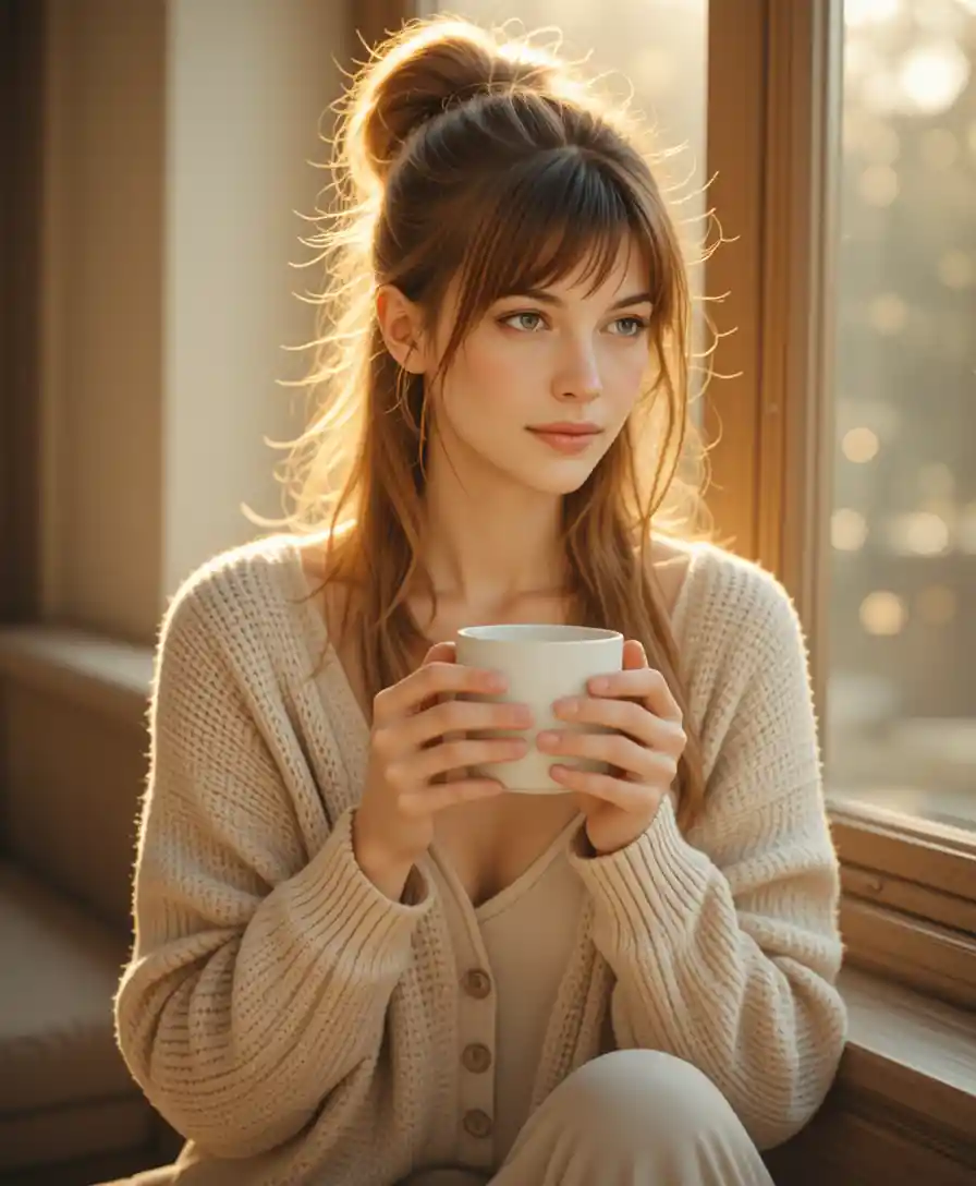 明亮窗邊捧咖啡的慵懶早晨女子