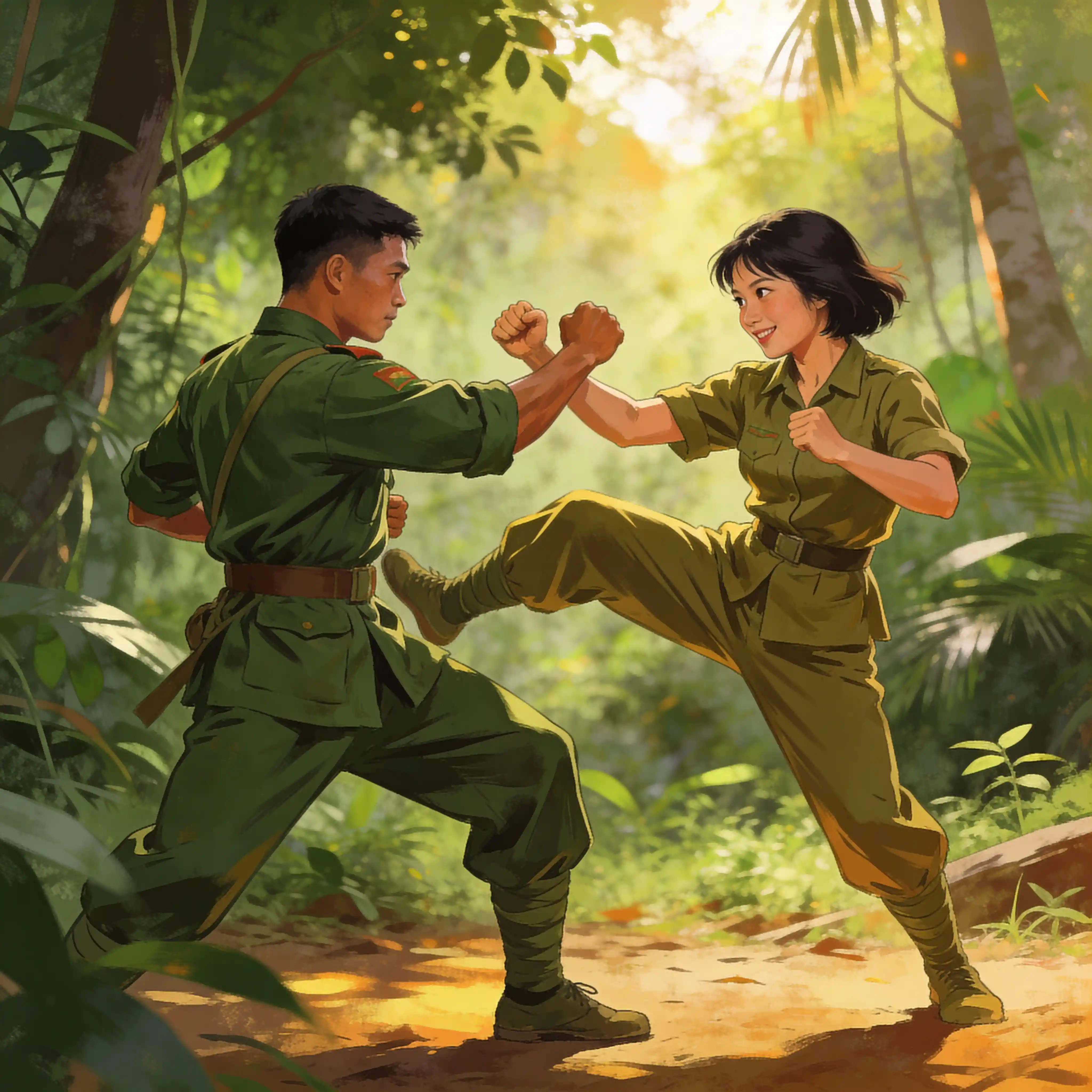 Addestramento amichevole di combattimento corpo a corpo tra due soldati vietnamiti