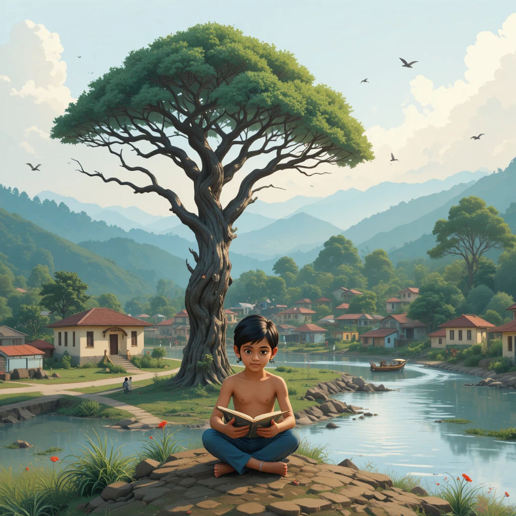 Curious boy reading under an old banyan tree outdoors