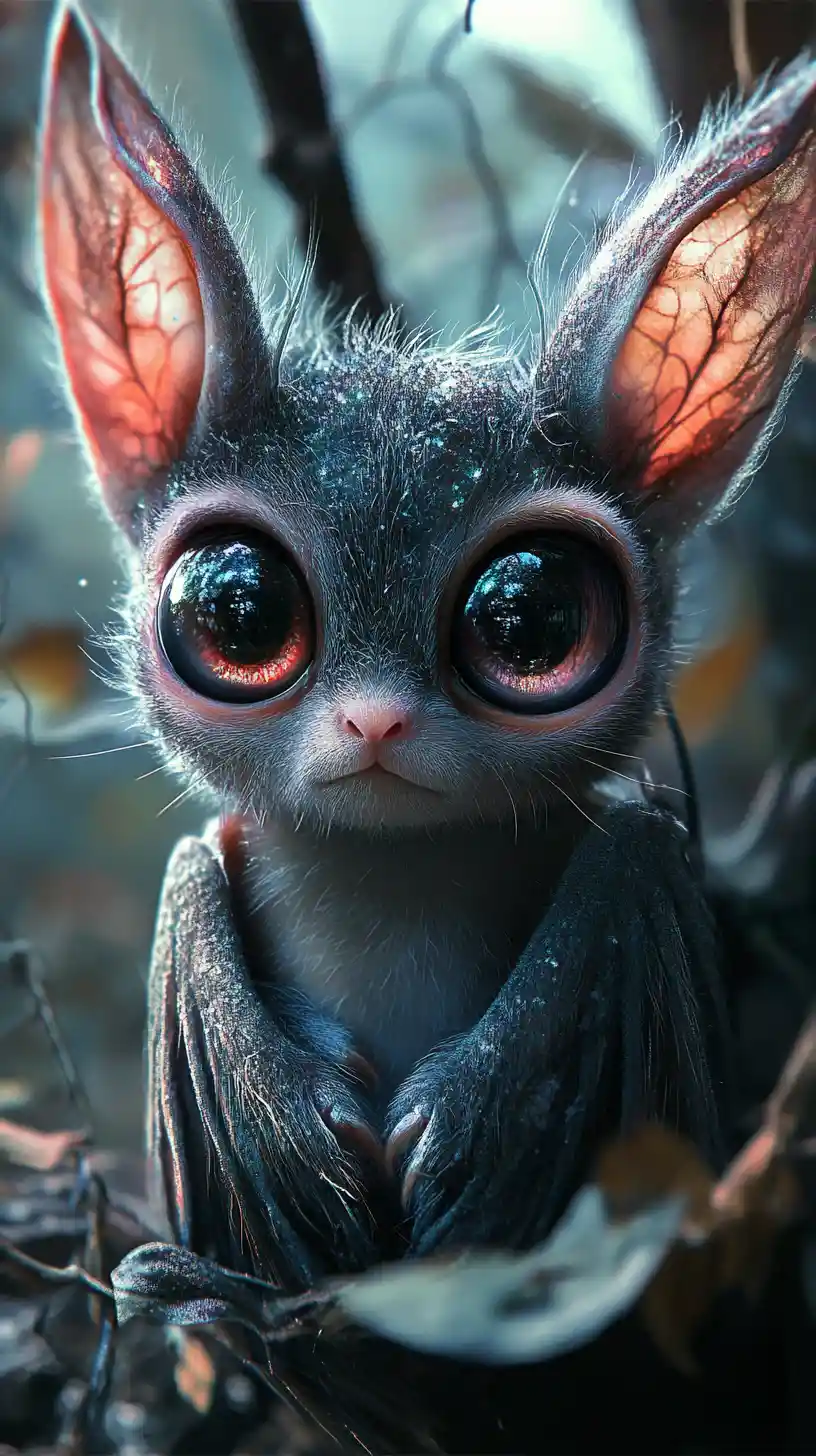 Cría de animal surreal con ojos en degradado brillante en primer plano