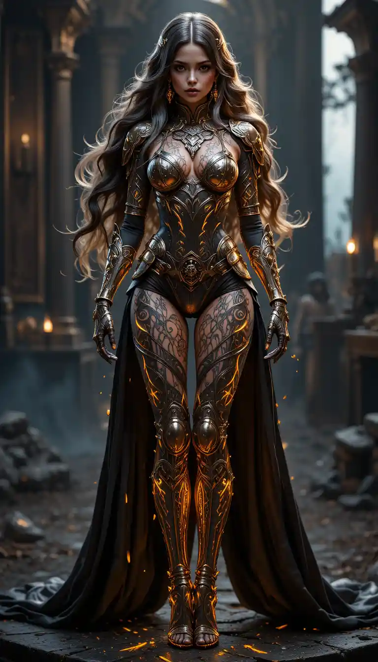Armored warrior woman with glowing golden body tattoos