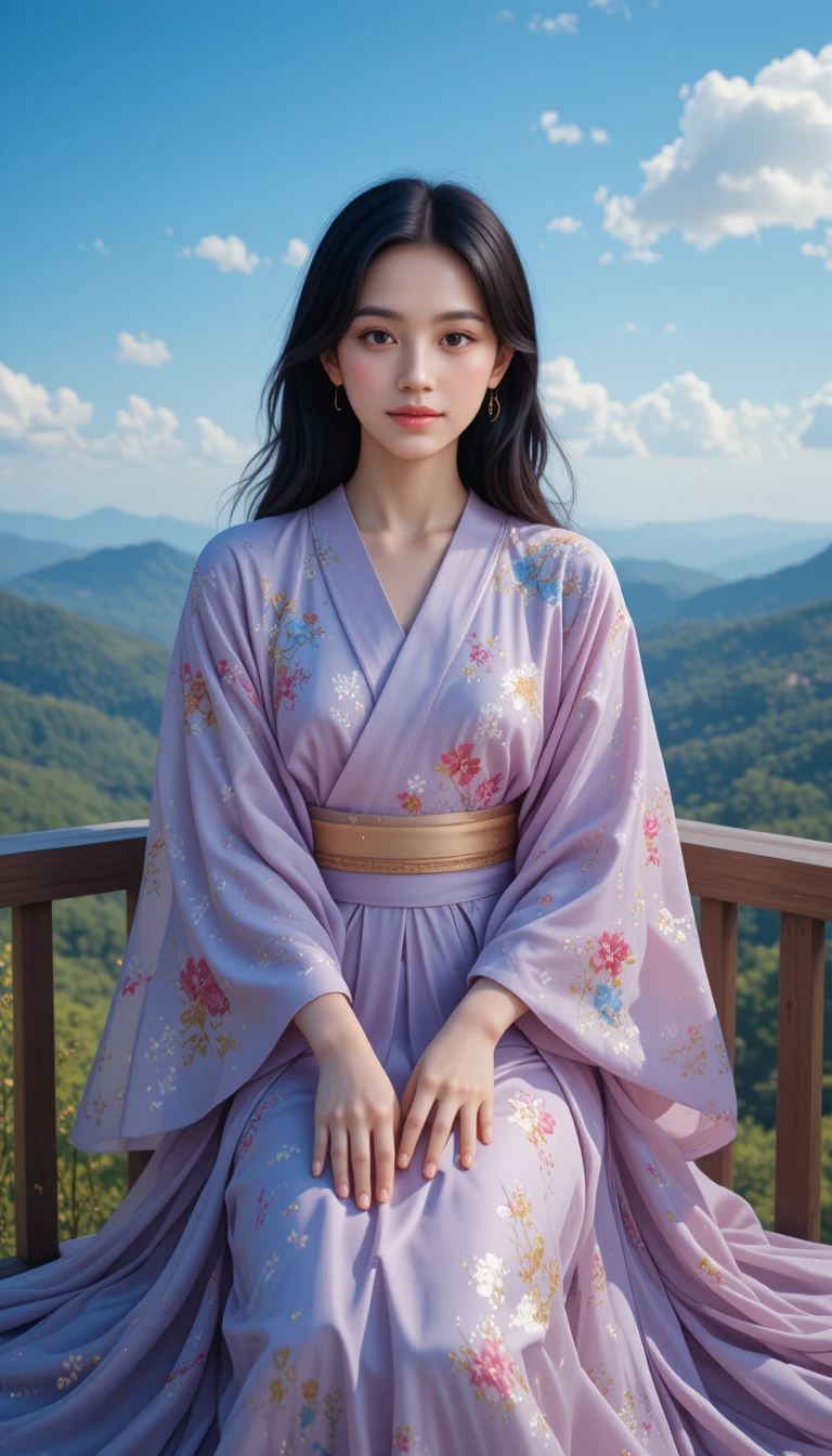 Young woman in lavender kimono on a sunny balcony