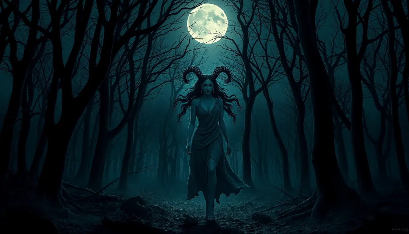 Serene Medusa Walking Under Moonlight In Mystic Forest