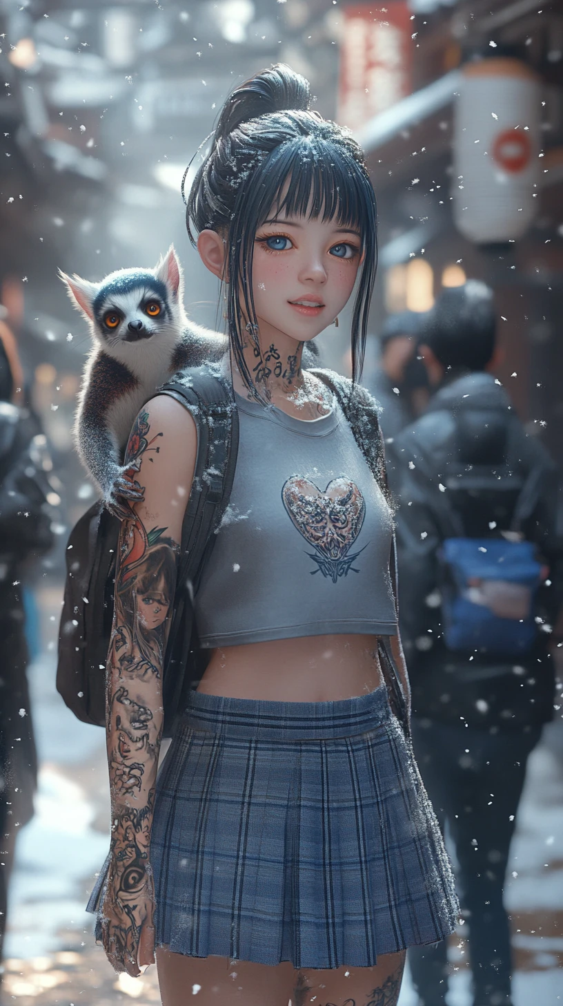 Anime schoolgirl with tattoos supported by smiling classmates