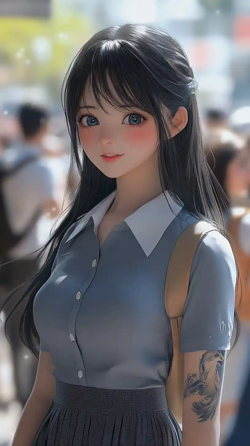 Studentessa delle superiori in stile anime tatuata che sorride con gli amici in classe