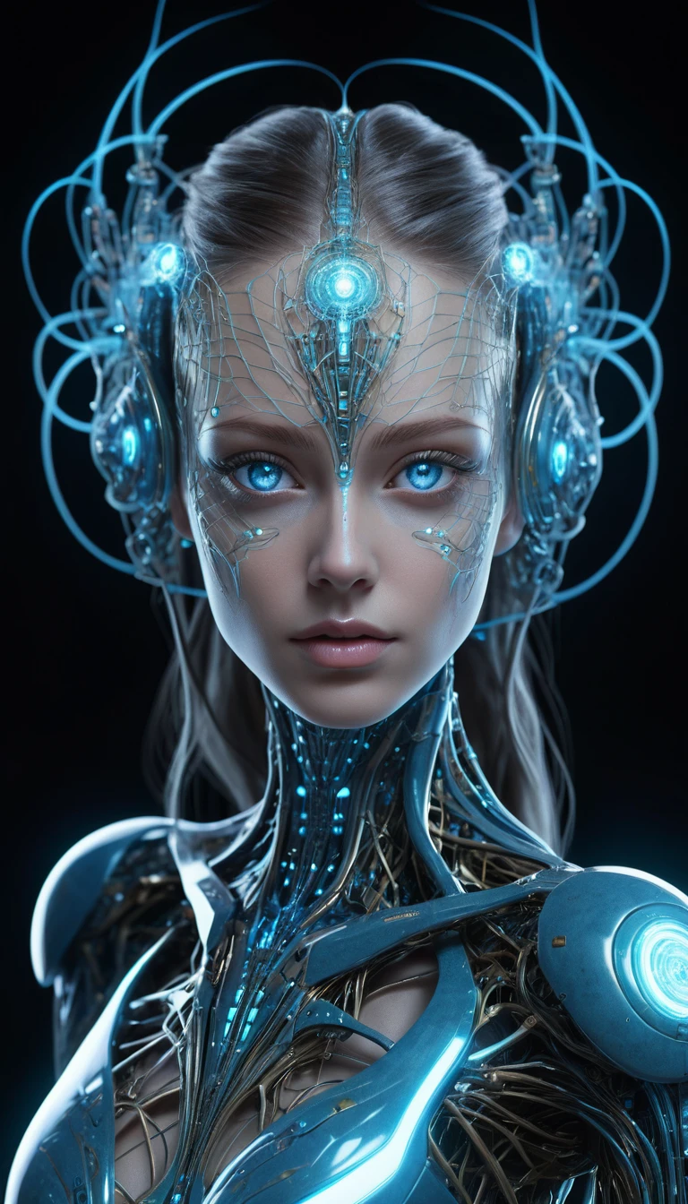 Retrato de cuerpo completo de una mujer cibernética luminosa