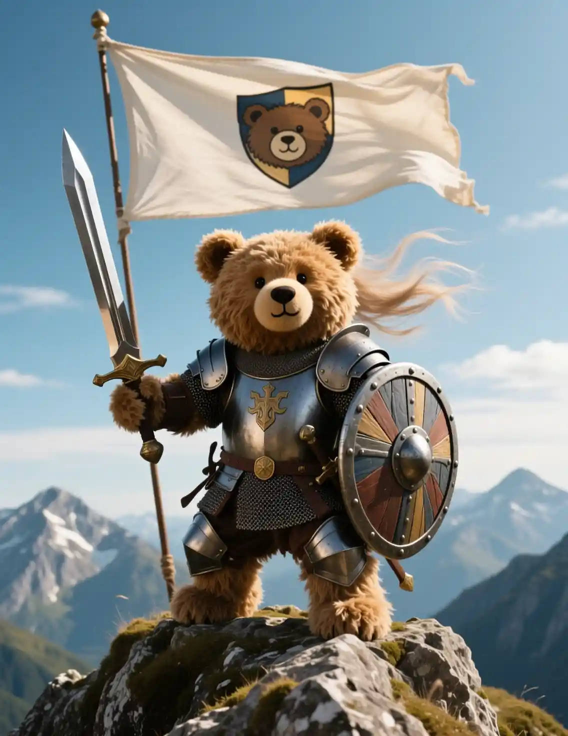 Oso de peluche heroico con armadura en la cumbre de una montaña ventosa