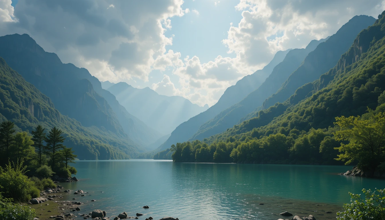 Cinematic mountain landscape with river at peaceful sunrise