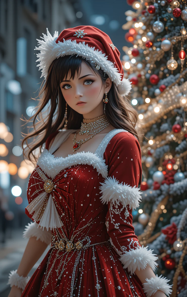 穿紅色聖誕裝的節慶女子站在發光聖誕樹旁