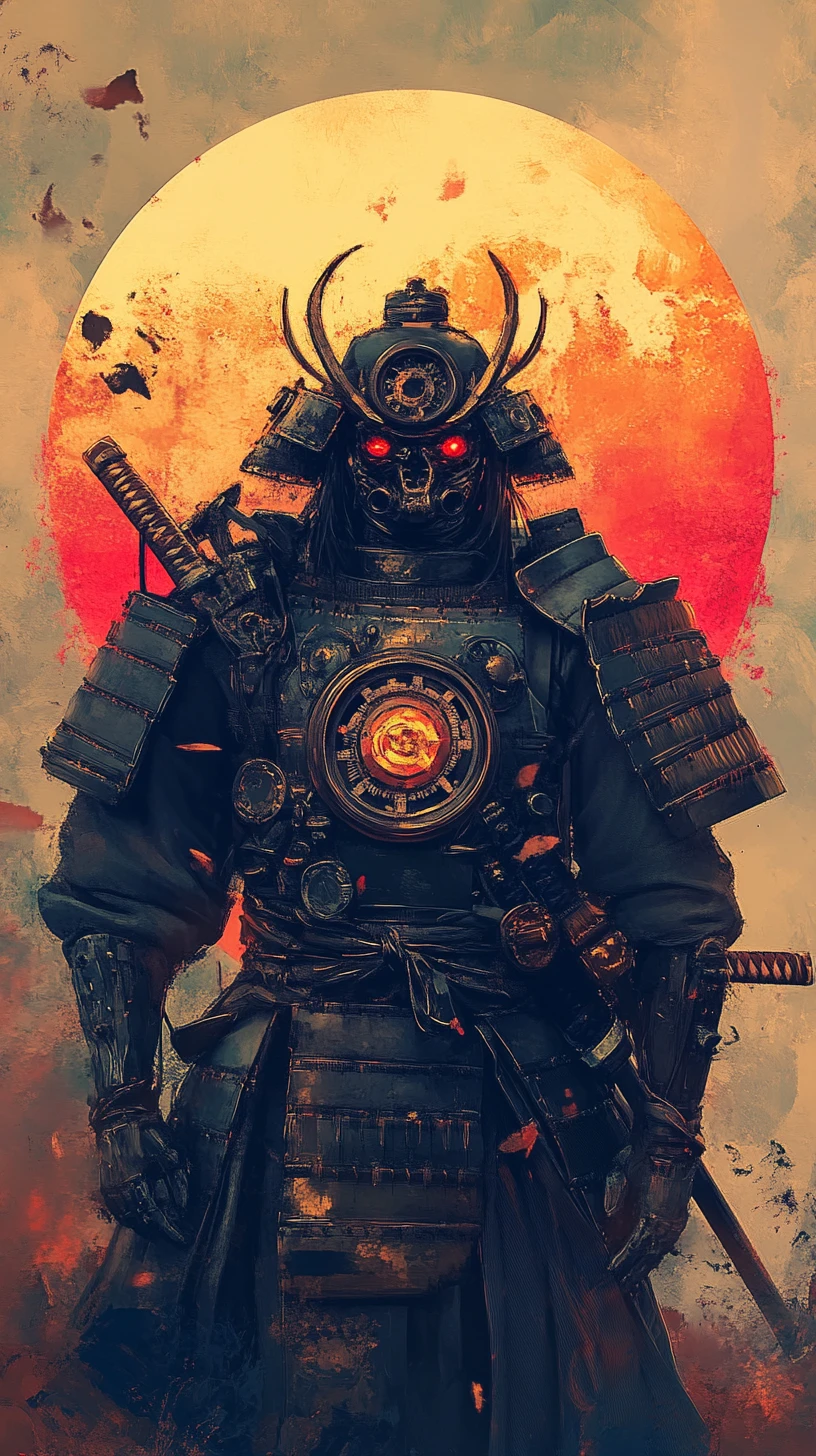 Steampunk mechanical samurai guarding a blazing sunset
